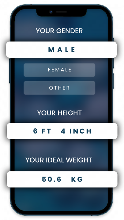 3 mobile screenshots showing height, weight, and gender selection steps