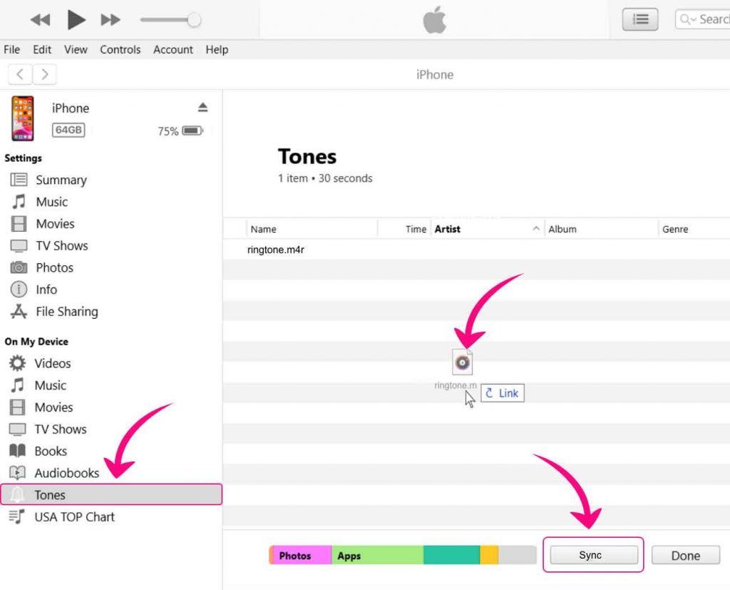 Ringtone synchronizing options from iTunes