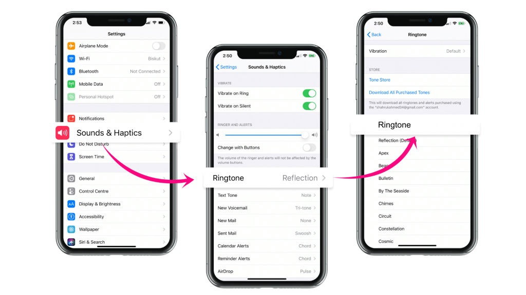 iPhone screenshots showing the process of setting iPhone ringtone
