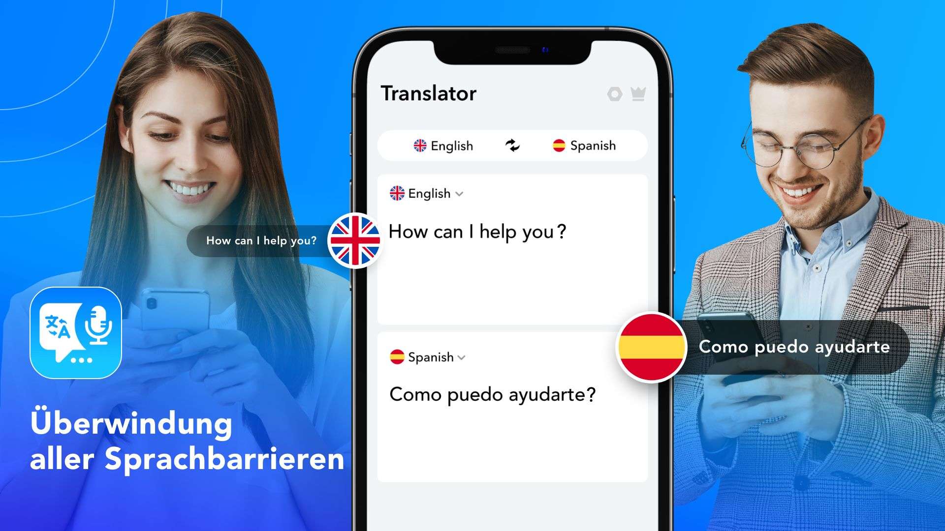 App-Schnittstelle an der Front, fremde Menschen reden miteinander im Hintergrund